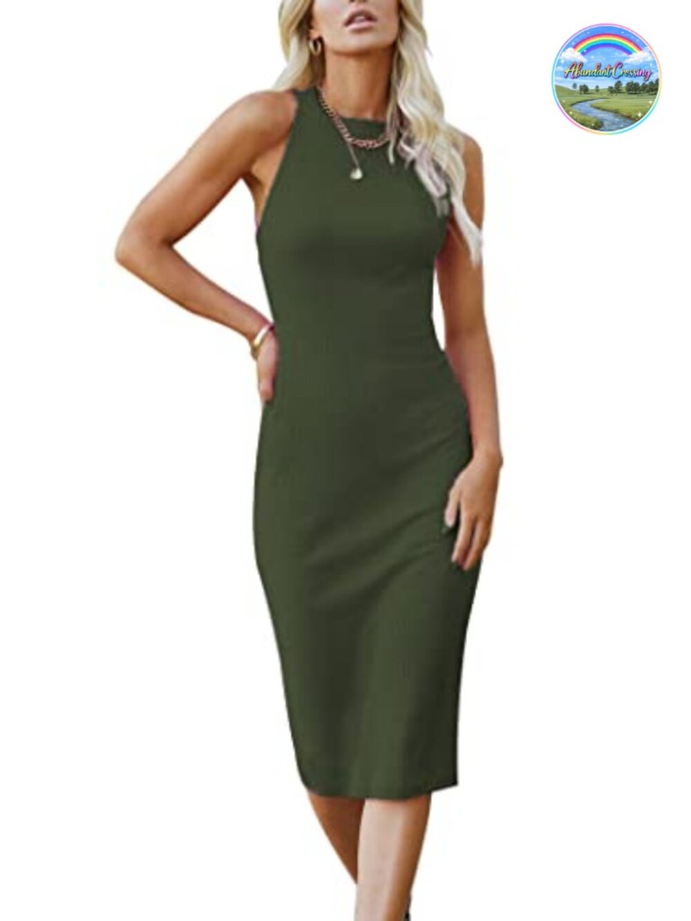 Ribbed Bodycon Midi Tank Dress Sleeveless Crew Neck Casual Summer